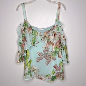 New York & Company Floral Ruffle Blouse - Light Blue Size Large Great Condition